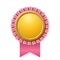 Award ribbon gold icon. Golden pink medal design, isolated white background. Symbol of winner celebration, best champion