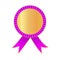 Award rosette gold color with pink ribbon. Symbol of winner celebration, best champion achievement