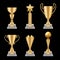 Award trophies realistic. Golden cup sport success star symbols vector 3d illustrations isolated