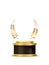 Award trophy with podium and golden laurel. Gold prize on black round podium. Champion glory in competition vector