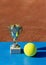 Awarding winner of tennis tournament. Trophy cup and tennis ball on blue surface and red tennis court on background