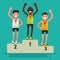 Awards ceremony. Three athletes with medals on a pedestal. Vector illustration