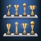 Awards shelves. Trophies medals and cups on bookshelf vector realistic concept of sport competition winners
