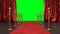 Awards show background with red curtains open on green screen. Red velvet carpet between golden barriers connected by a