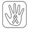 Awareness ribbon on hand thin line icon, cancer awareness concept, stop aids sign on white background, LGBT ribbon palm