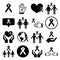 Awareness ribbons with people,black and white icons set.