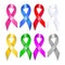 Awareness ribbons set with shadows. Breast, prostate, bladder, colon, liver, lung, brain cancer.