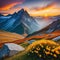 Awe inspiring alpine highlands in the Image from a tale Over the majestic Rock a colorful sky in a sunlit landscape can be