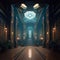 In an awe-inspiring illustration, a giant sci-fi hall is portrayed with a sense of grandeur and futuristic technology, evoking a