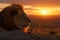 Awe-inspiring lion gazes upon the savanna, Mount Kilimanjaro\\\'s sunset spectacle