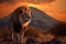 Awe-inspiring lion gazes upon the savanna, Mount Kilimanjaro\\\'s sunset spectacle