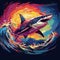Awe-inspiring Shark Silhouette Gliding Through Vibrant Multi-colored Ocean