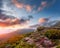 Awesome alpine highlands with colorful clouds in the sky