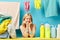 Awesome beautiful blonde woman advertising washing liquid, detergent