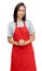 Awesome caucasian waitress with red apron