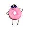 Awesome donut character in sunglasses standing with arms akimbo. Cartoon doughnut with pink vanilla glaze and sprinkles