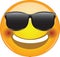 Awesome flushed face smiling emoji. Cool happy face emoticon wearing sunglasses and with a wide smile showing upper teeth and