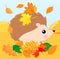 Awesome hedgehog with leaves on his back. Cartoon style. Autumn illustration with urchin character