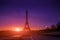 Awesome incredible pink-orange-lilac sunrise. View of the Eiffel