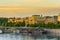 Awesome looking buildings and standout landmark buildings along a tributary of the Vltava River under the sunset