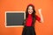 Awesome news. Educational program. School schedule information. School girl cute french student hold blackboard copy