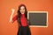 Awesome news. Educational program. School schedule information. School girl cute french student hold blackboard copy