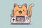 Awesome picture of the cute ginger cat with an arcade machine gameboy kind of console with lights and bright effects.