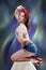 Awesome pinup pretty woman with red lips sitting