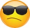 Awesome snobbish and arrogant emoji wearing sunglasses. Yellow face emoticon wearing shades and having small, intent frown as a