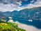 Awesome summer view of Sognefjorden fjord. Colorful morning scene with Aurlandsvangen village, Norway. Traveling concept