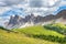 Awesome view at a mountain range with peaks in the dolomites