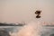 awesome view of a muscular man with a wakeboard while jumping over the wave