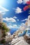 Awesome view of Santorini with whitewashed houses village and blue sky