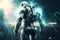 Awesome white cosmonaut robot, moving, cosmos background. ai generative