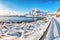 Awesome winter scenery of A village. Norwegian fishing village, with the typical rorbu houses