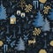 Awesome winter seamless pattern with house in night forest. Stylish back, brown and blue holiday background. Winter