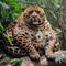 Awkward leopard or jaguar with obesity sitting in the woods. Concept of harmful effect of human eating habits on animals.