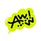 Aww word bold hand lettering on yellow speech bubble background. Vector clip-art for social media, posters, stickers