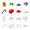 Ax, first-aid kit, tourist tent, folding knife. Camping set collection icons in cartoon,outline style vector symbol