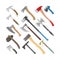 Ax vector metal axe equipment with wooden handle illustration set of hatchet with sharp blade for construction and