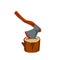 Axe with log. Felling and cutting of wood. Firewood harvesting and hiking.