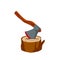 Axe with log. Felling and cutting of wood. Firewood harvesting and hiking.