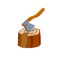 Axe with log. Felling and cutting of wood. Firewood harvesting and hiking.