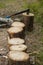 An axe stuck in a stump. Chopping firewood for a campfire. Camping life.