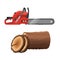 Axeman saw and stump on white background. Gas chainsaw