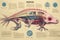 Axolotl cyborg animal detailed infographic, full details anatomy poster diagram illustration generative ai