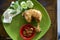 Ayam Penyet (smashed fried chicken), a common Javanese food found at street of Indonesia.