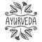 Ayurveda product label. Suitable for packaging, web designs, advertising products. Hand drawn black and white linear