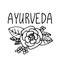 Ayurveda product label. Suitable for packaging, web designs, advertising products. Hand drawn black and white linear