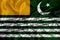 Azad kashmir flag development, fence mesh and barbed wire. Emigrants isolation concept. With place for your text